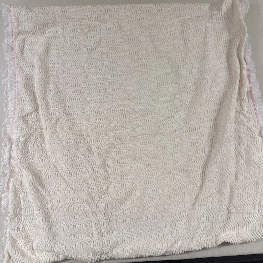 Vtg Chenille Toddler Bedspread Blanket Throw Ivory Pink Lace Satin 44x78 Shabby